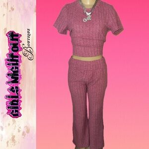 Two-Piece Pink Ribbed Knit Crop Top & Pants Set